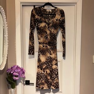 Vintage Newport News Leopard- Print Long Sleeve Jersey Midi Dress - Small